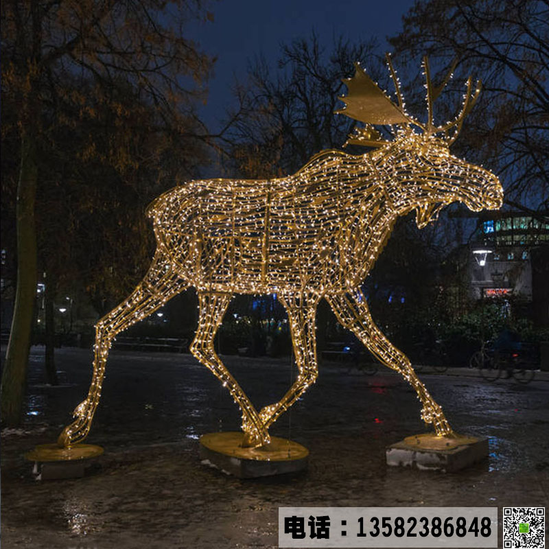 定制不锈钢金属镂空鹿 广场夜晚发光金属鹿景观摆件